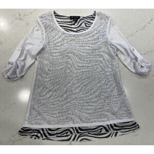 Michael Tyler Sheer White Layered Zebra Print Tunic Open Back Top‎ Blouse Sz L